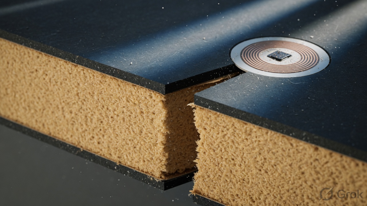 Cut edge of a foam vinyl sleeve with an NFC disc in the corner.